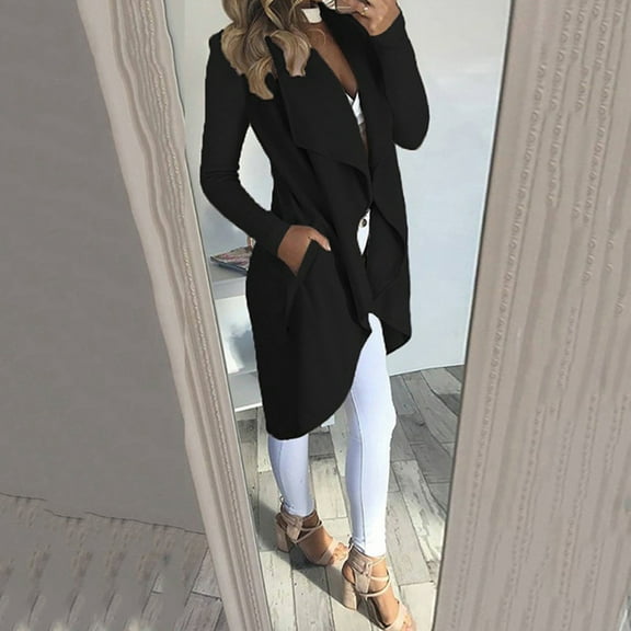 Qetyuw Casual Lapel Cardigan for Women Long Sleeve Slim Fit Open Front Coat Irregular Hem Lightweight Cardigans