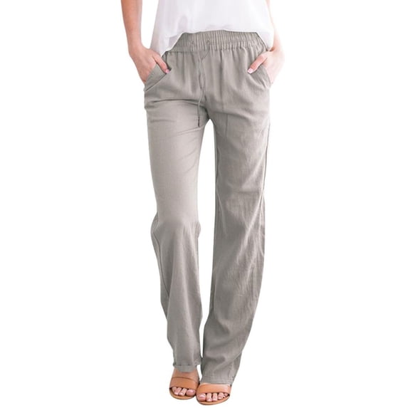 Qetyuw Causal Cotton Linen Pants for Women Lightweight Straight Leg Trousers with Pockets Drawstring Elastic Waist Palazzo Pants