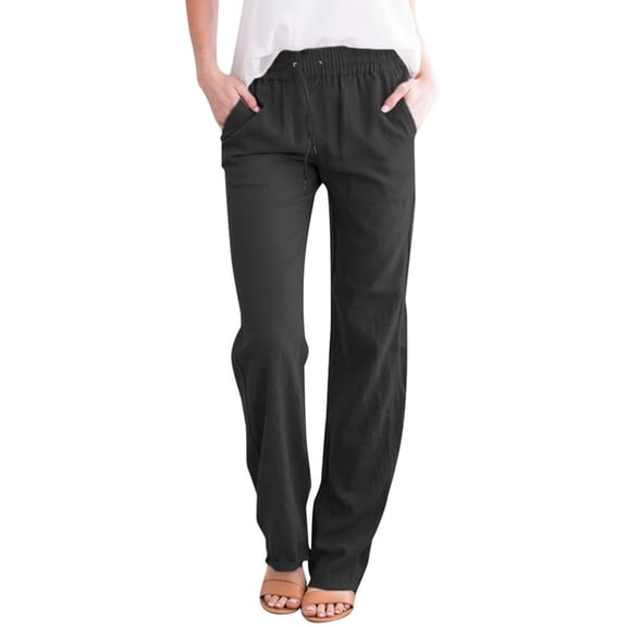 Qetyuw Causal Cotton Linen Pants for Women Lightweight Straight Leg Trousers with Pockets Drawstring Elastic Waist Palazzo Pants