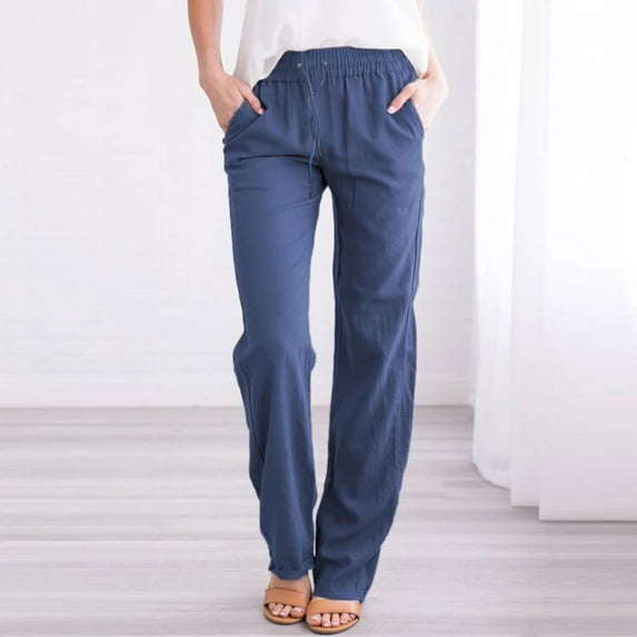 Qetyuw Causal Cotton Linen Pants for Women Lightweight Straight Leg Trousers with Pockets Drawstring Elastic Waist Palazzo Pants