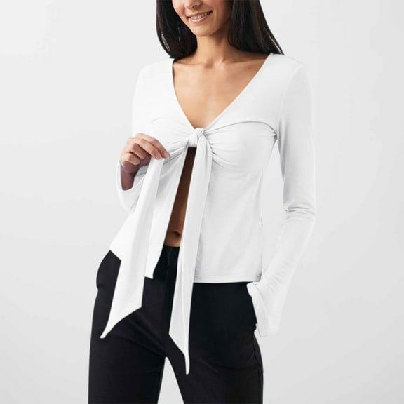 Qetyuw Chiffon Lacing Sense Tops for Women Front Bow Tie Up Deep V Neck Blouses Trendy Long Sleeve Shirts Slim Fit Short Shirts