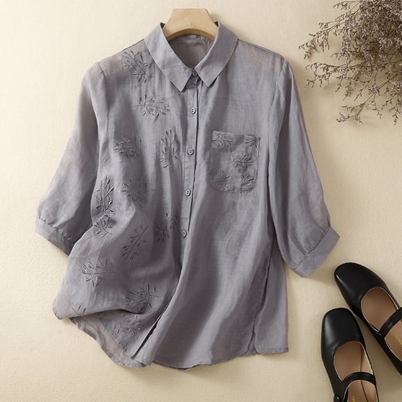 Qetyuw Collared Cotton Linen Tops Women Plain Lightweight 3/4 Sleeve Blouses Elegant Summer Soft Tshirts Casual Baggy Button Down Crew Neck Tees with Pocket