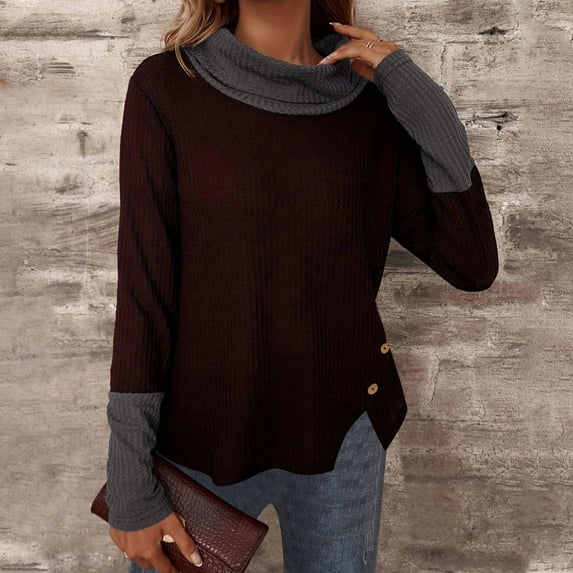 Qetyuw Color Block Knit Sweater for Women Slim Fit Long Sleeve Mock Neck Pullover Jumper Casual Split Hem Sweaters