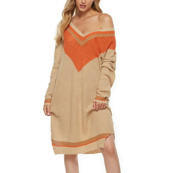 Qetyuw Color Block Sweater Dress for Women Crochet Knitted Long Sleeve Pullover Sweaters Oversized V Neck Split Hem Jumper