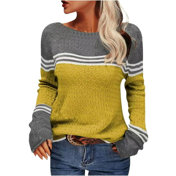 Qetyuw Color Block Sweater for Women Ribbed Knit Boat Neck Long Sleeve Pullover Sweaters Casual Loose Fit Jumper