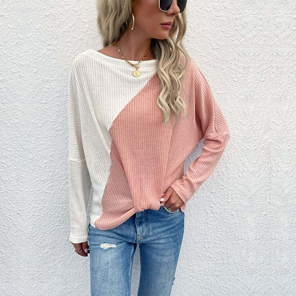 Qetyuw Color Block Sweater for Women Ribbed Knitted Long Sleeve Crew Neck Sweaters Oversized Casual Pullover Jumpers