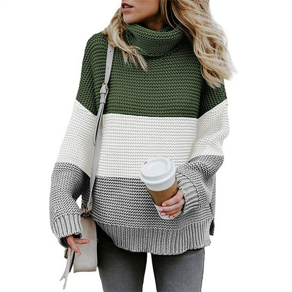 Qetyuw Color Block Turtleneck Sweater for Women Oversized Long Sleeve Casual Sweaters Knit Split Hem Chunky Jumper