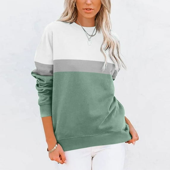 Qetyuw Contrast Color Pullover for Women Crewneck Long Sleeve Sweatshirt Fahion Strip Print Tops with Pocket Cozy Loose Fit Blouse