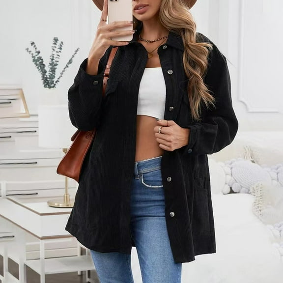 Qetyuw Corduroy Jacket for Women Solid Long Sleeve Cardigans Coat Button Down Lapel Casual Loose Fit Jackets