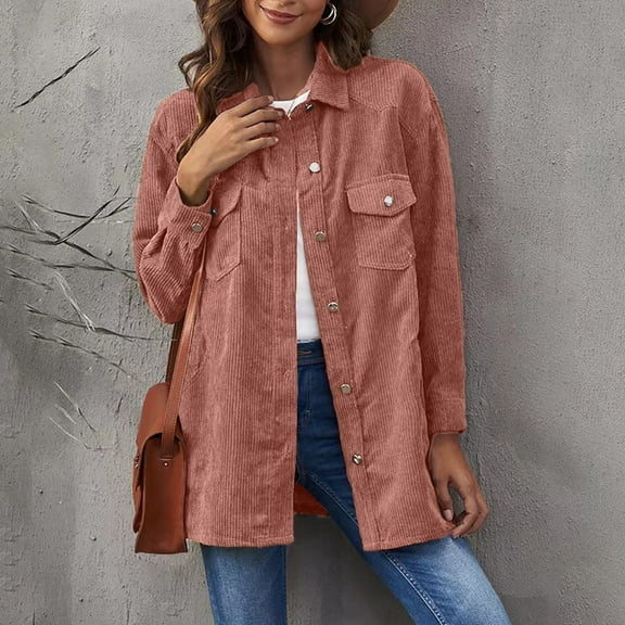 Qetyuw Corduroy Jacket for Women Solid Long Sleeve Cardigans Coat Button Down Lapel Casual Loose Fit Jackets