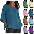 thumbnail image 1 of Qetyuw Cotton Linen 3/4 Sleeve Tops for Women Crew Neck Solid Basic Tshirts Split Hem Tee Shirts Plus Size Tshirt for Women, 1 of 7