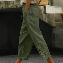 Qetyuw Cotton Linen Pants for Women Side Lace Patch Hem Pants Wide Leg Button Baggy Pants with Multi Pockets Drawstring Elastic Waist Trousers
