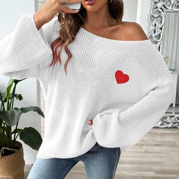 Qetyuw Crochet Knit Heart Print Sweater for Women Chunky Long Sleeve Crew Neck Jumper Casual Loose Fit Pullover Sweaters