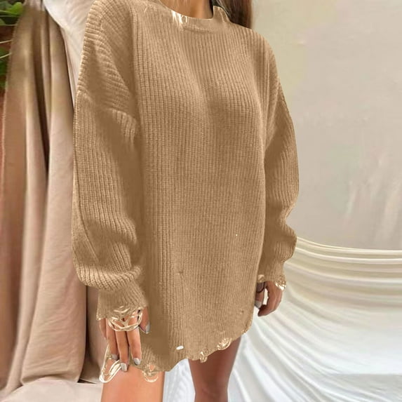 Qetyuw Crochet Knit Sweater Dress for Women Fall Solid Color Chunky Crew Neck Long Sleeve Pullover Dresses