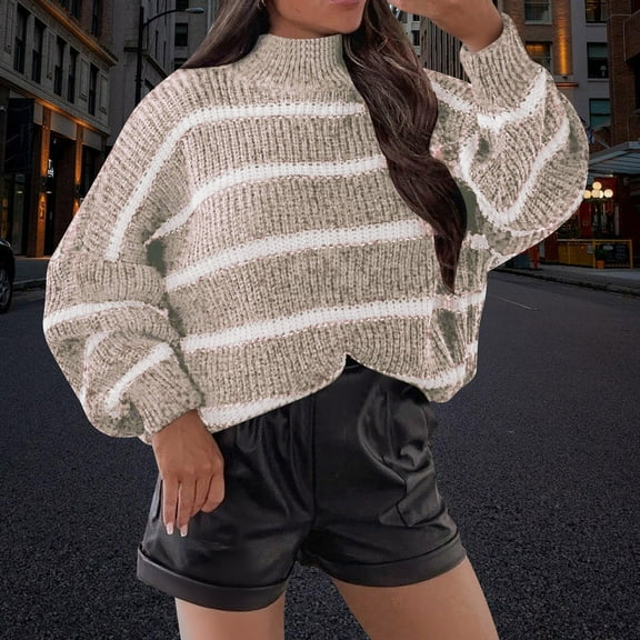 Qetyuw Crochet Knit Sweater for Women Striped Long Sleeve Turtleneck Pullover Jumpers Oversized Chunky Casual Sweaters