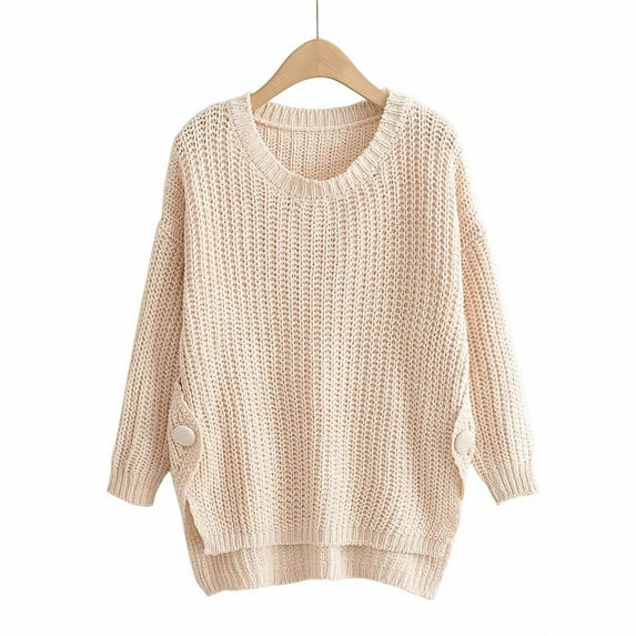 Qetyuw Crochet Knitted Sweater for Women Chunky Long Sleeve Crew Neck Jumper Solid Color Asymmetrical Hem Sweaters
