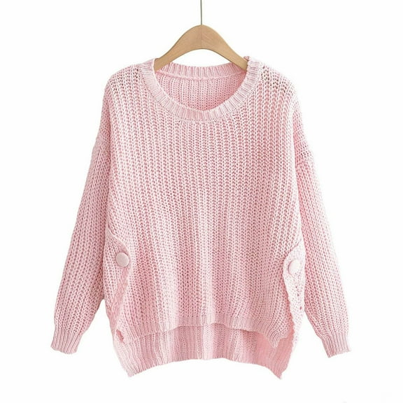 Qetyuw Crochet Knitted Sweater for Women Chunky Long Sleeve Crew Neck Jumper Solid Color Asymmetrical Hem Sweaters