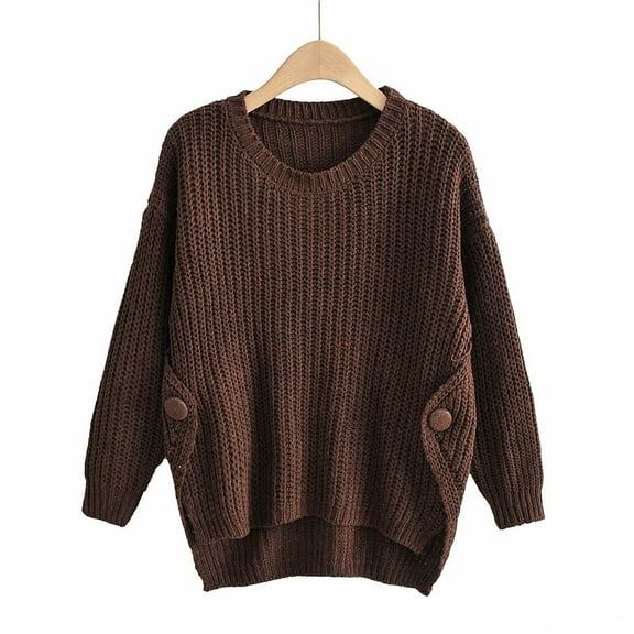 Qetyuw Crochet Knitted Sweater for Women Chunky Long Sleeve Crew Neck Jumper Solid Color Asymmetrical Hem Sweaters