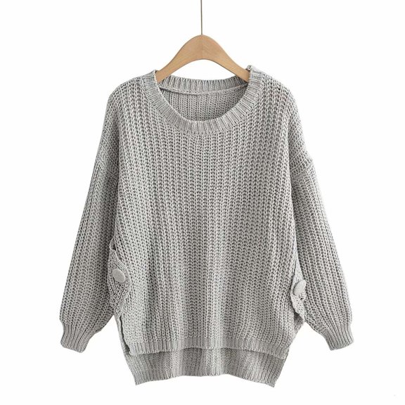 Qetyuw Crochet Knitted Sweater for Women Chunky Long Sleeve Crew Neck Jumper Solid Color Asymmetrical Hem Sweaters