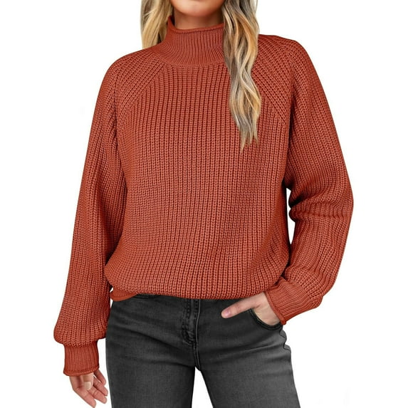 Qetyuw Crochet Knitted Sweater for Women Chunky Mock Neck Long Sleeve Pullover Sweaters Solid Color Casual Loose Fit Jumper