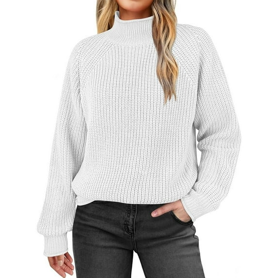 Qetyuw Crochet Knitted Sweater for Women Chunky Mock Neck Long Sleeve Pullover Sweaters Solid Color Casual Loose Fit Jumper