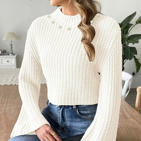 Qetyuw Crop Crochet Knit Sweater for Women Chunky Long Sleeve Mock Neck Pullover Sweaters Solid Color Casual Jumper