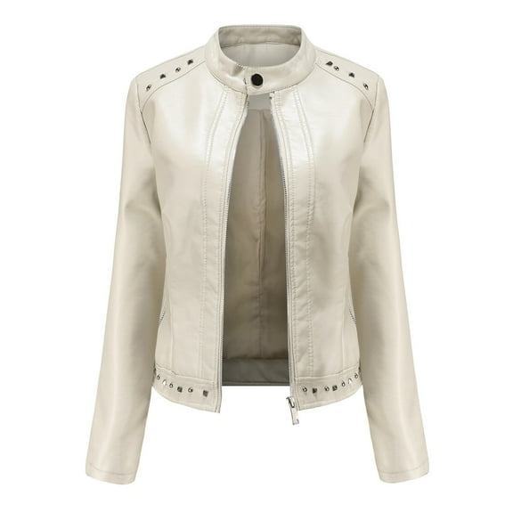 Qetyuw Crop Faux Leather Jacket for Women Long Sleeve Rivet Moto Jackets Full Zip Up Casual Coat Outwear