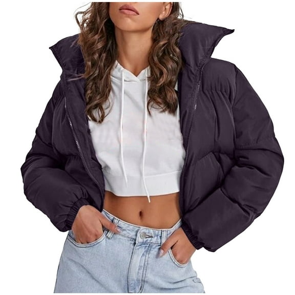 Qetyuw Crop Puffer Jacket for Women Full Zip Up Lapel Down Coat Winter Long Sleeve Casual Jackets Outwear