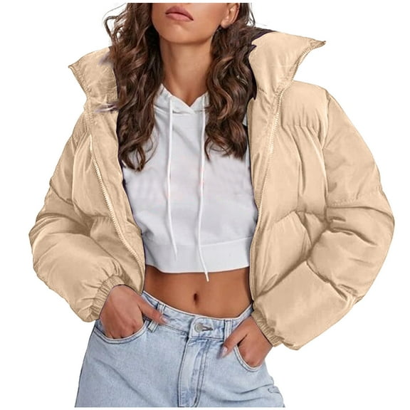 Qetyuw Crop Puffer Jacket for Women Full Zip Up Lapel Down Coat Winter Long Sleeve Casual Jackets Outwear