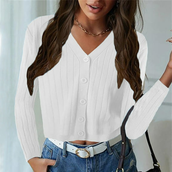 Qetyuw Crop Sweater Cardigans for Women Ribbed Knit Long Sleeve Cardigan Button Down V Neck Lightweight Casual Coat