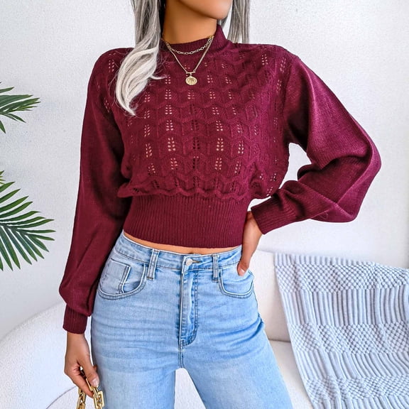 Qetyuw Cropped Hollow Out Sweater for Women Crochet Knit Long Sleeve Pullover Sweaters Casual Crew Neck Solid Color Jumpers