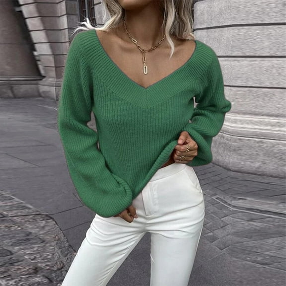 Qetyuw Cropped Sweater for Women Crochet Knit Long Sleeve V Neck Pullover Sweaters Solid Color Casual Chunky Jumpers
