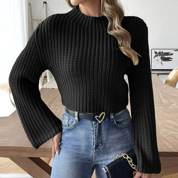 Qetyuw Cropped Sweater for Women Crochet Knitted Bell Long Sleeve Jumper Chunky Casual Crew Neck Pullover Sweaters