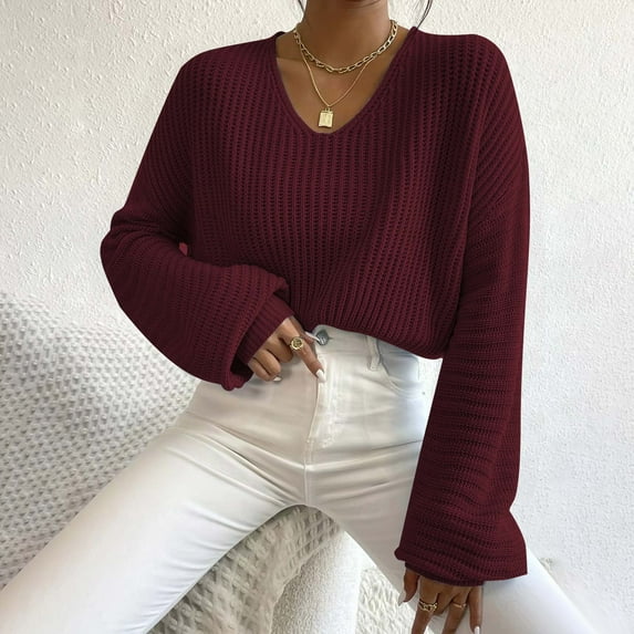 Qetyuw Cropped Sweater for Women Crochet Knitted Lantern Long Sleeve V Neck Sweaters Solid Color Casual Pullover Jumper