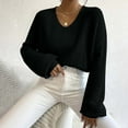 thumbnail image 1 of Qetyuw Cropped Sweater for Women Crochet Knitted Lantern Long Sleeve V Neck Sweaters Solid Color Casual Pullover Jumper, 1 of 6