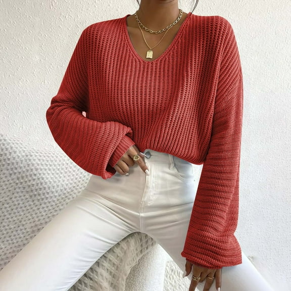 Qetyuw Cropped Sweater for Women Crochet Knitted Lantern Long Sleeve V Neck Sweaters Solid Color Casual Pullover Jumper