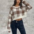 thumbnail image 1 of Qetyuw Cropped Sweater for Women Plaid Loose Fit Crew Neck Long Sleeve Sweaters Chunky Casual Checkered Pullover Jumpers, 1 of 3