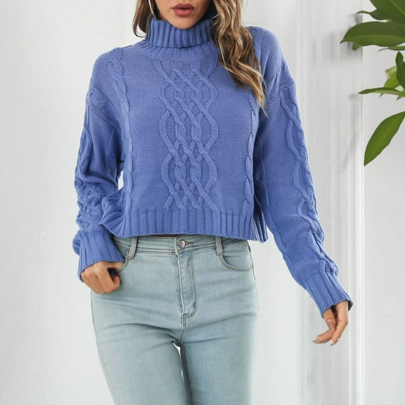 Qetyuw Cropped Turtleneck Sweater for Women Crochet Knit Long Sleeve Chunky Pullover Sweaters Casual Loose Fit Jumper