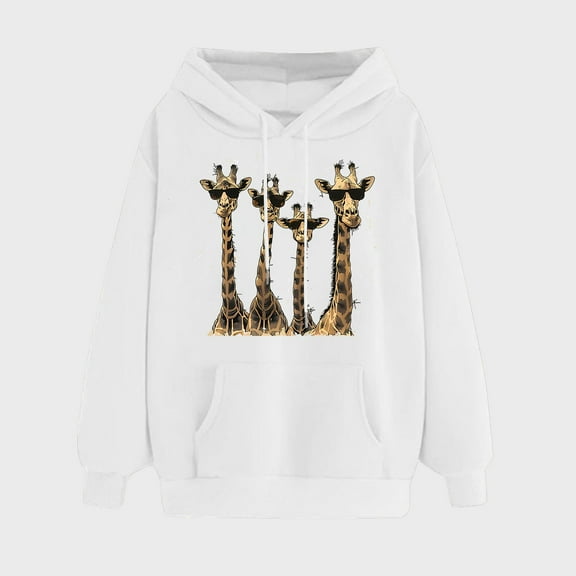 Qetyuw Cute Giraffe Print Sweatshirt for Women Solid Color Graphic Hoodies with Pocket Winter Warm Fleece Long Sleeve Pullover