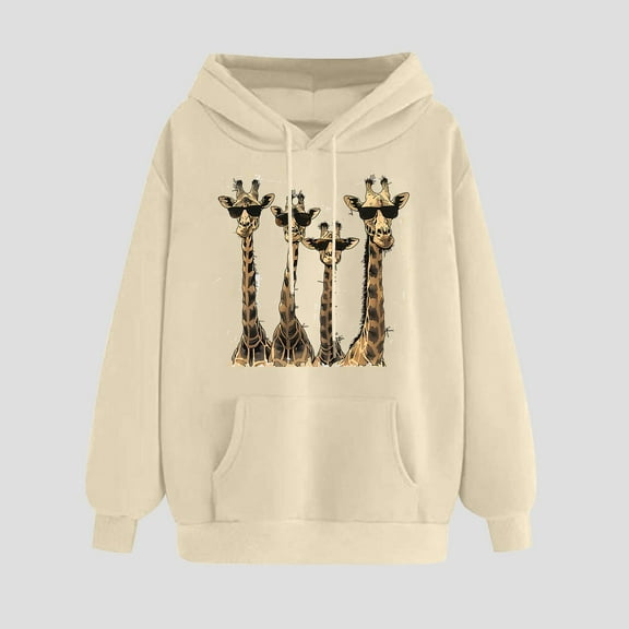 Qetyuw Cute Giraffe Print Sweatshirt for Women Solid Color Graphic Hoodies with Pocket Winter Warm Fleece Long Sleeve Pullover