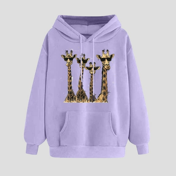 Qetyuw Cute Giraffe Print Sweatshirt for Women Solid Color Graphic Hoodies with Pocket Winter Warm Fleece Long Sleeve Pullover
