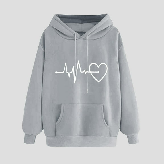 Qetyuw Cute Heart Beat Graphic Hoodies for Women Long Sleeve Drawstring Sweatshirts With Pockets Fashion Casual Pullover Tops