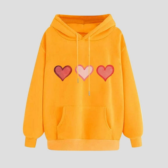Qetyuw Cute Heart Print Hoodies for Women Drop Shoulder Long Sleeve Sweatshirt with Pocket Fleece Winter Warm Pullover