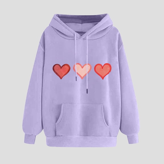 Qetyuw Cute Heart Print Hoodies for Women Drop Shoulder Long Sleeve Sweatshirt with Pocket Fleece Winter Warm Pullover