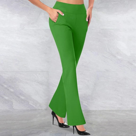 Qetyuw Dress Pants for Women High Waist Flare Leggings with Pockets Business Work Office Trousers Pull On Bootcut Pants Stretch Slim Fit Pants