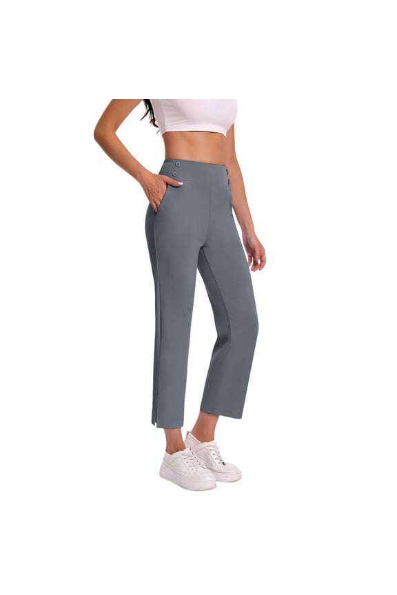 Dressy Capri Pants for Women Ankle Length Side Split Hem Pull On Pants Elastic Waist Button Pockets Cropped Leggings Straight Leg Business Trousers