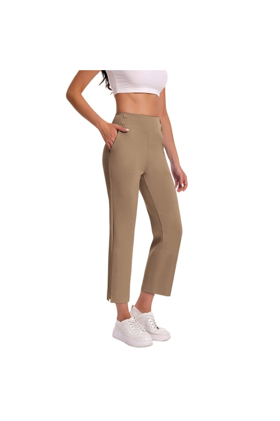 Dressy Capri Pants for Women Ankle Length Side Split Hem Pull On Pants Elastic Waist Button Pockets Cropped Leggings Straight Leg Business Trousers