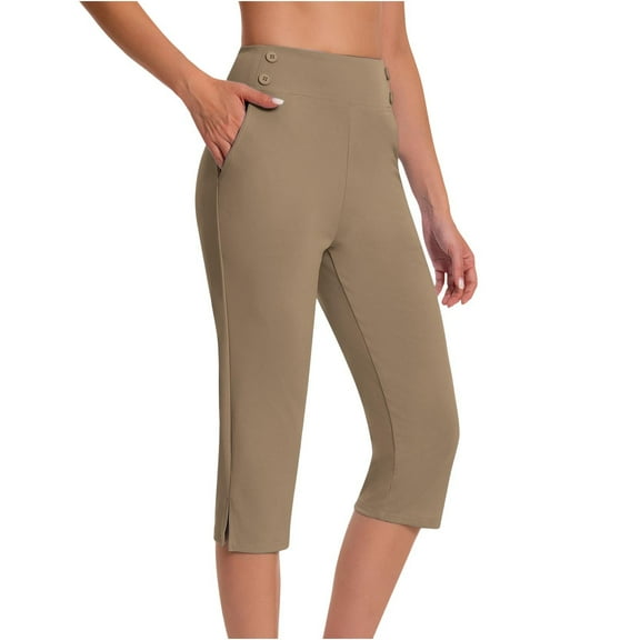 Qetyuw Dressy Capri Pants for Women Side Split Hem Pants Button Yoga Cropped Pants Tummy Control High Waist Leggings Soft Athletic Work Office Skinny Pants