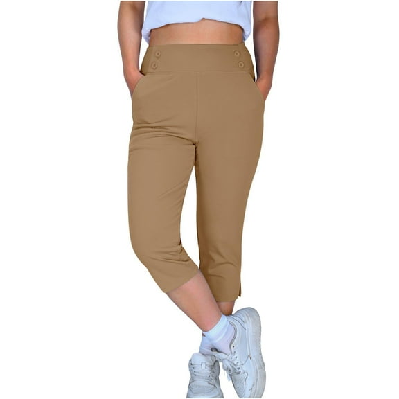 Qetyuw Dressy Capri Pants for Women Plus Size Yoga Cropped Pants High Waist Button Pants Split Hem Skinny Pants Soft Athletic Work Office Pants