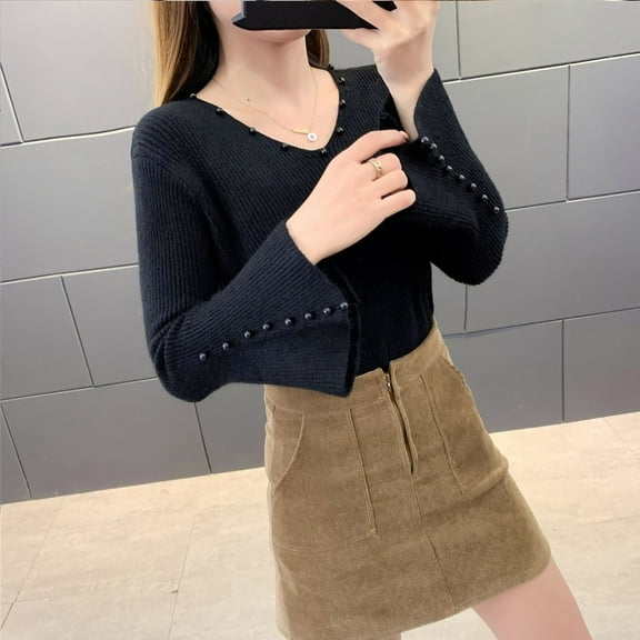 Qetyuw Eibbed Knit Sweater for Women Bell Sleeve V Neck Jumper Solid Color Casual Pullover Sweaters